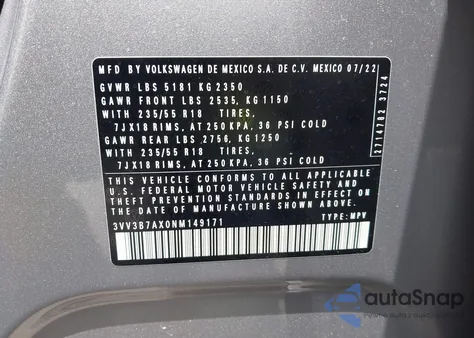 2022 Volkswagen Tiguan 2.0T Se из США, поврежденный, VIN 3VV3B7AX0NM149171